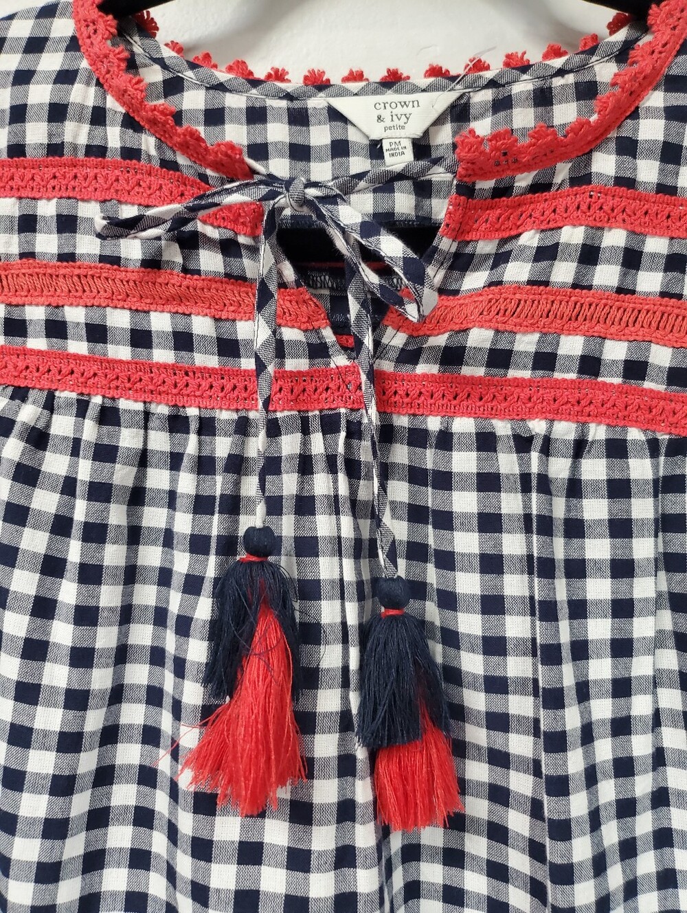 Boho Peasant Check Blouse Petite Medium Crown And Ivy 3/4 Length Tassle Top - Picture 5 of 8